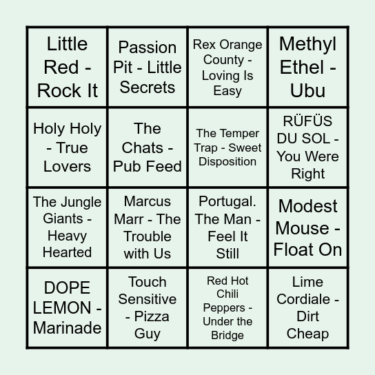 Prince Music Bingo - Round 1 Bingo Card