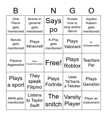 Stereotypical Classmate Bingo Card