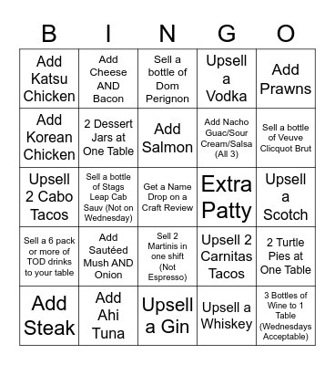 Add Ons & Upsells Bingo Card