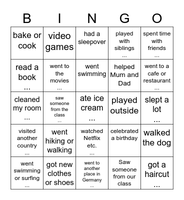 summer vacation bingo Card