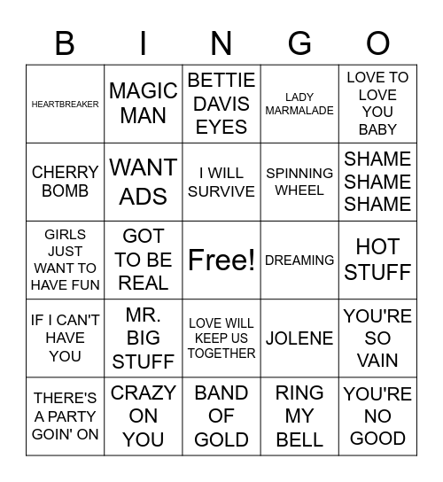 WOMEN OF THE 70'S (AND A FEW 80'S) Bingo Card