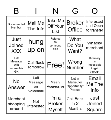 Cold Call Bingo Card