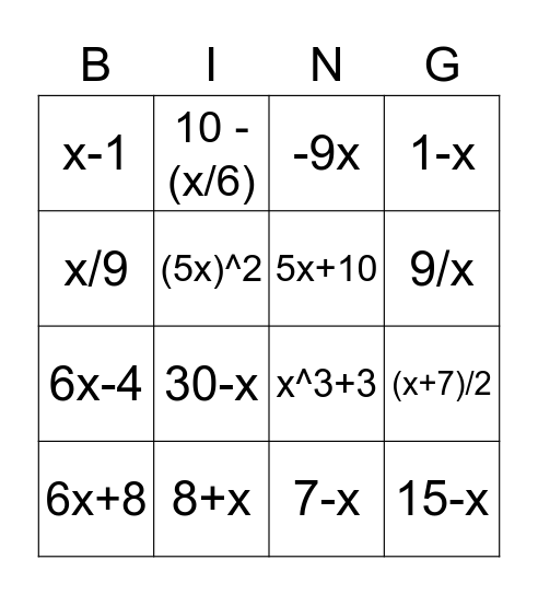 Algebraic Phrases Bingo Card