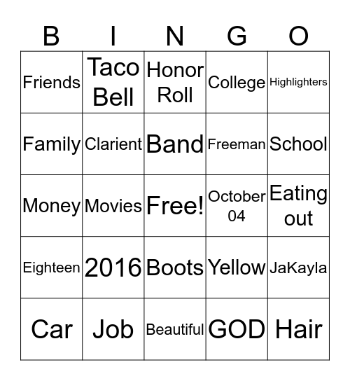 Ja'Kayla 18th Birthday Bingo Card