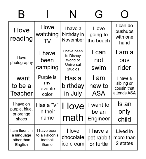 Middle School BINGO: Find someone who... Bingo Card