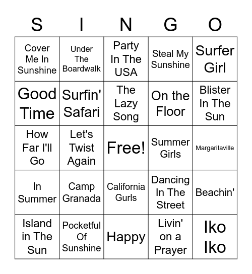 Summer Songs Bingo Card