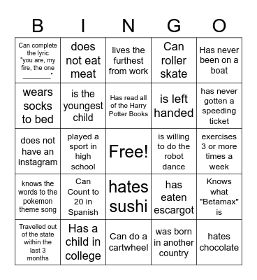 Get to Know You Bingo Card