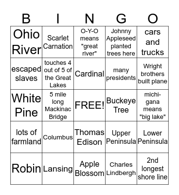 Ohio and Michigan Bingo Card