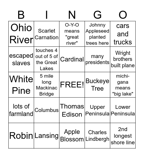 Ohio and Michigan Bingo Card