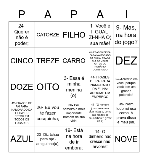 Dia dos pais Bingo Card