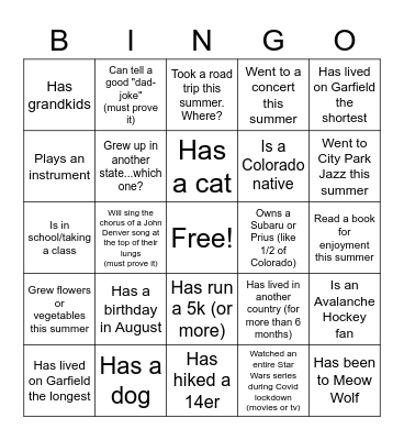 Garfield Block Party Bingo Card