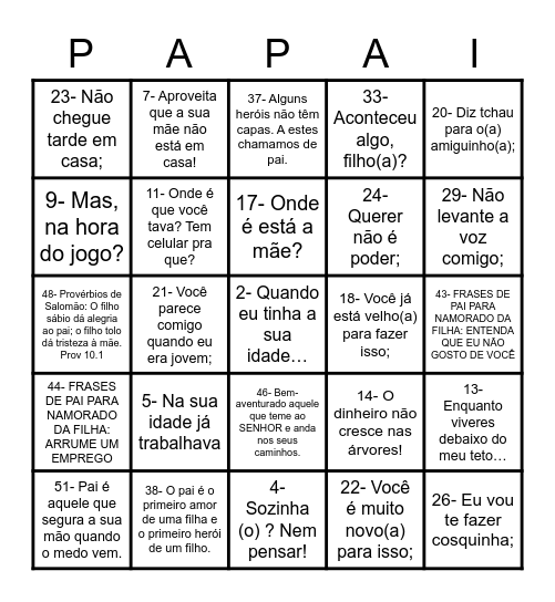 Dia dos pais Bingo Card