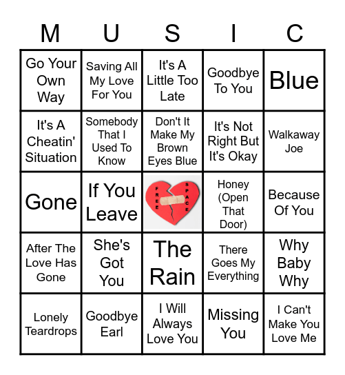 WHERE DO BROKEN HEARTS GO Bingo Card