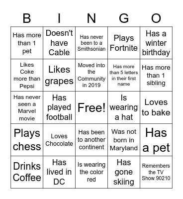 Know Your Neighbor Bingo Card