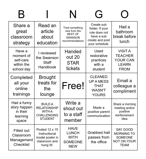 Swanson Staff Bingo Card