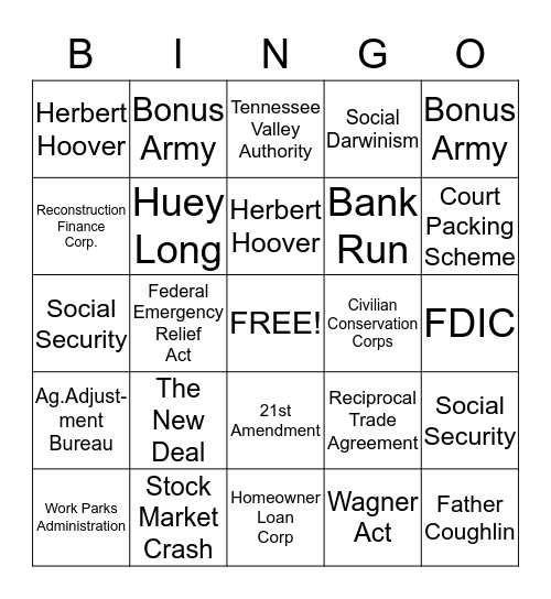 NEW DEAL/GREAT DEPRESSION Bingo Card