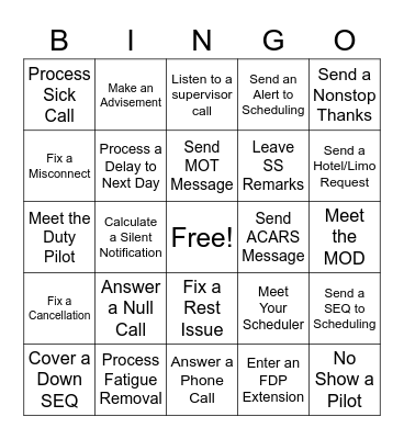 Pilot Tracking Bingo Card