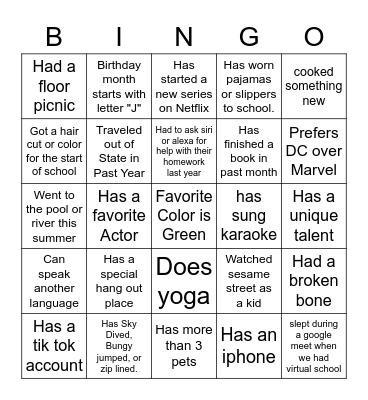 Let's get to know eachother! Bingo Card