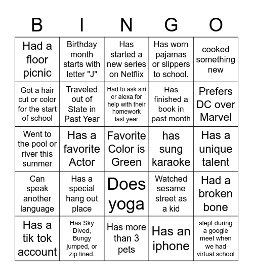 Let's get to know eachother! Bingo Card