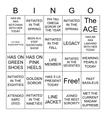 Phi Tau Omega Chapter Bingo Card