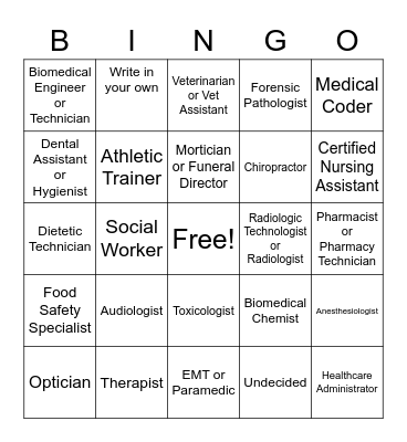 Healthcare Careers Bingo Card