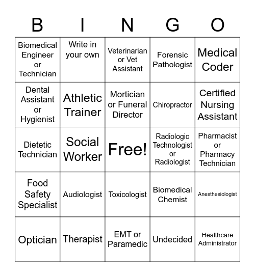 Healthcare Careers Bingo Card