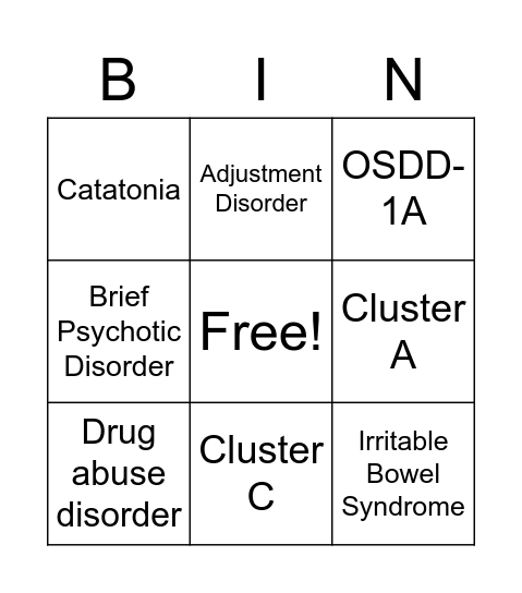 Rarely Faked Disorders Bingo Card