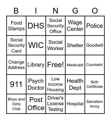 Community Resource Bingo Card
