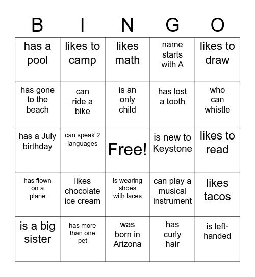 Find a Friend Bingo Card