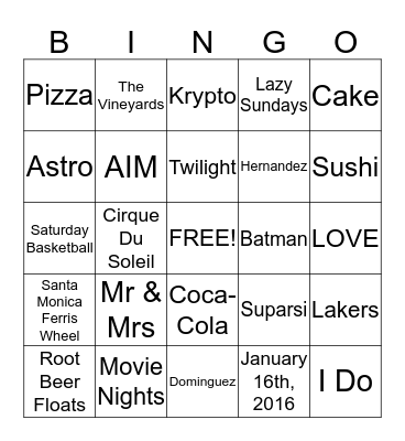 Suparsi's Bridal Shower Bingo Card