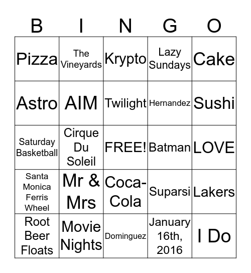 Suparsi's Bridal Shower Bingo Card