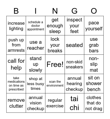 Fall Prevention Bingo Card