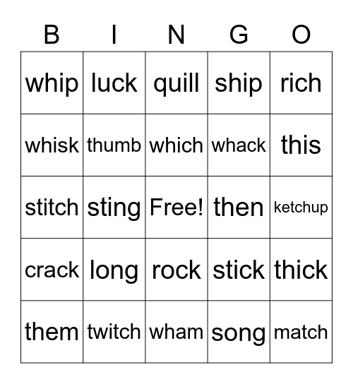 ch, tch, sh, th, ck, ng, qu, wh Bingo Card
