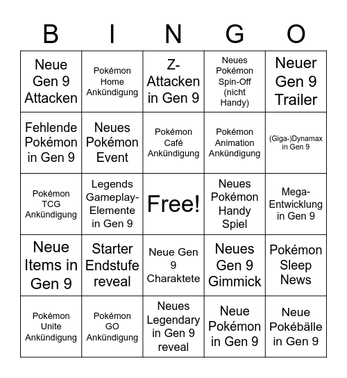 Pokémon Presents Bingo Card