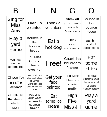 Cavod Bingo! Do 5 in a row (up, down, or diagonally) and take to Miss Kelly at the Hip Hop table for a prize! Bingo Card