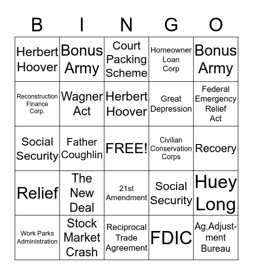 NEW DEAL/GREAT DEPRESSION Bingo Card