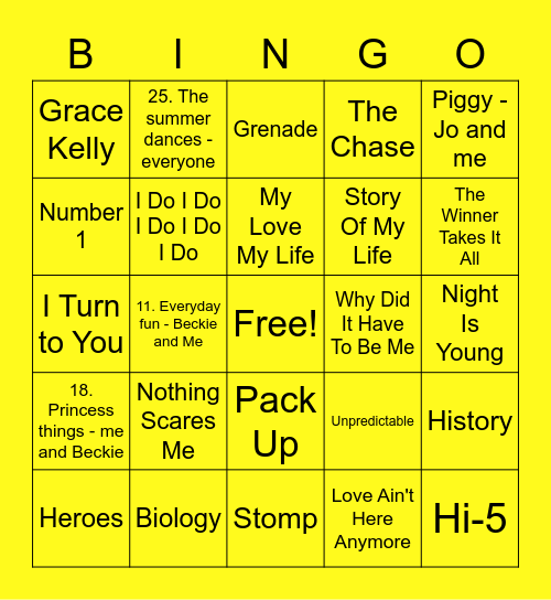Yellow - Katy Bingo Card