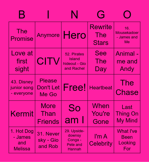 Pink - Katy Bingo Card