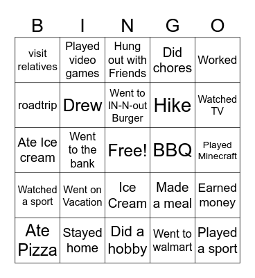 What did I do this summer? Bingo Card