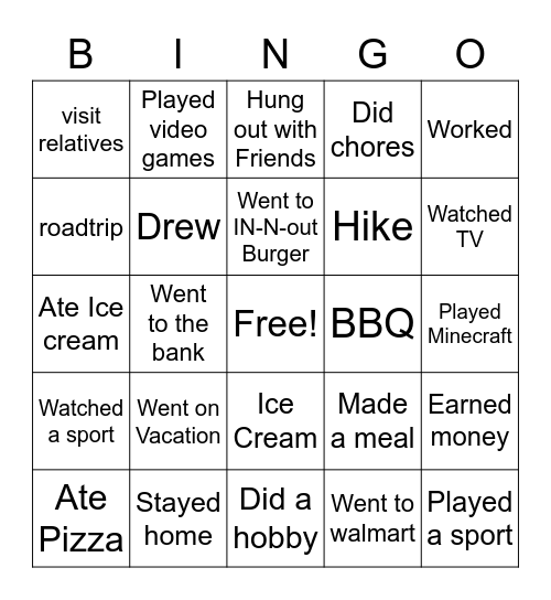 What did I do this summer? Bingo Card