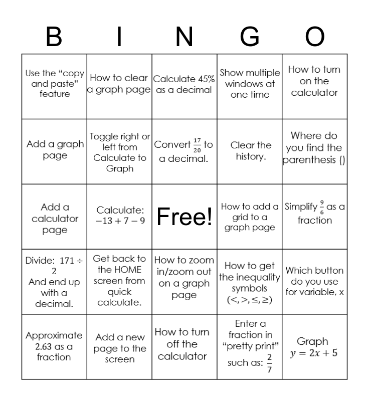 Nspire Calculator Bingo Card