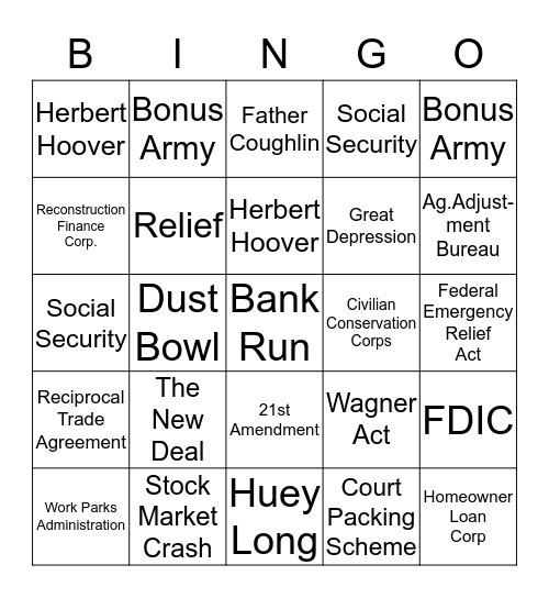 NEW DEAL/GREAT DEPRESSION Bingo Card