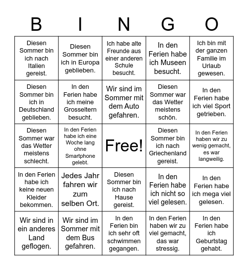 Reisen und Urlaub: Nach den Sommerferien Bingo Card