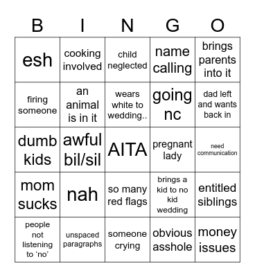 AITA Bingo Card