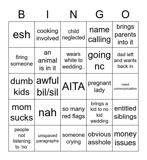 AITA Bingo Card