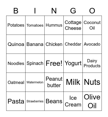 Food Group Bingo Card