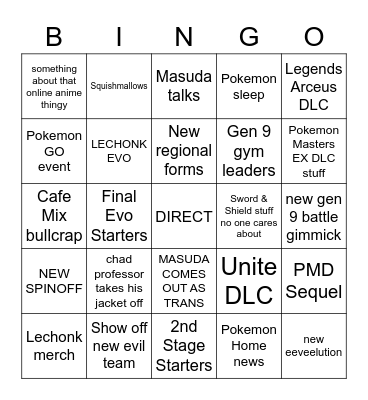 Pokemon Direct Bingo Card