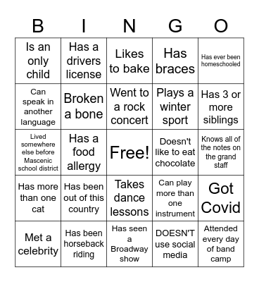SUMMER BAND BINGO! Bingo Card