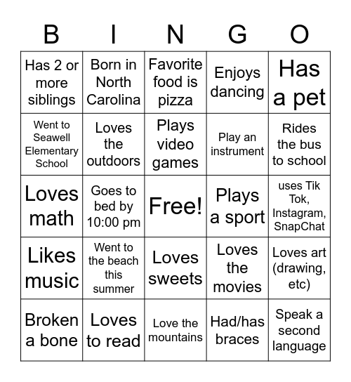 Getting to Know You Bingo Card