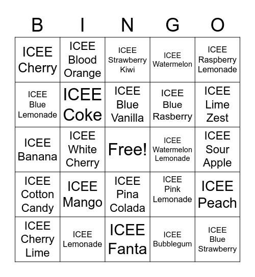 ICEE Flavors Bingo Card